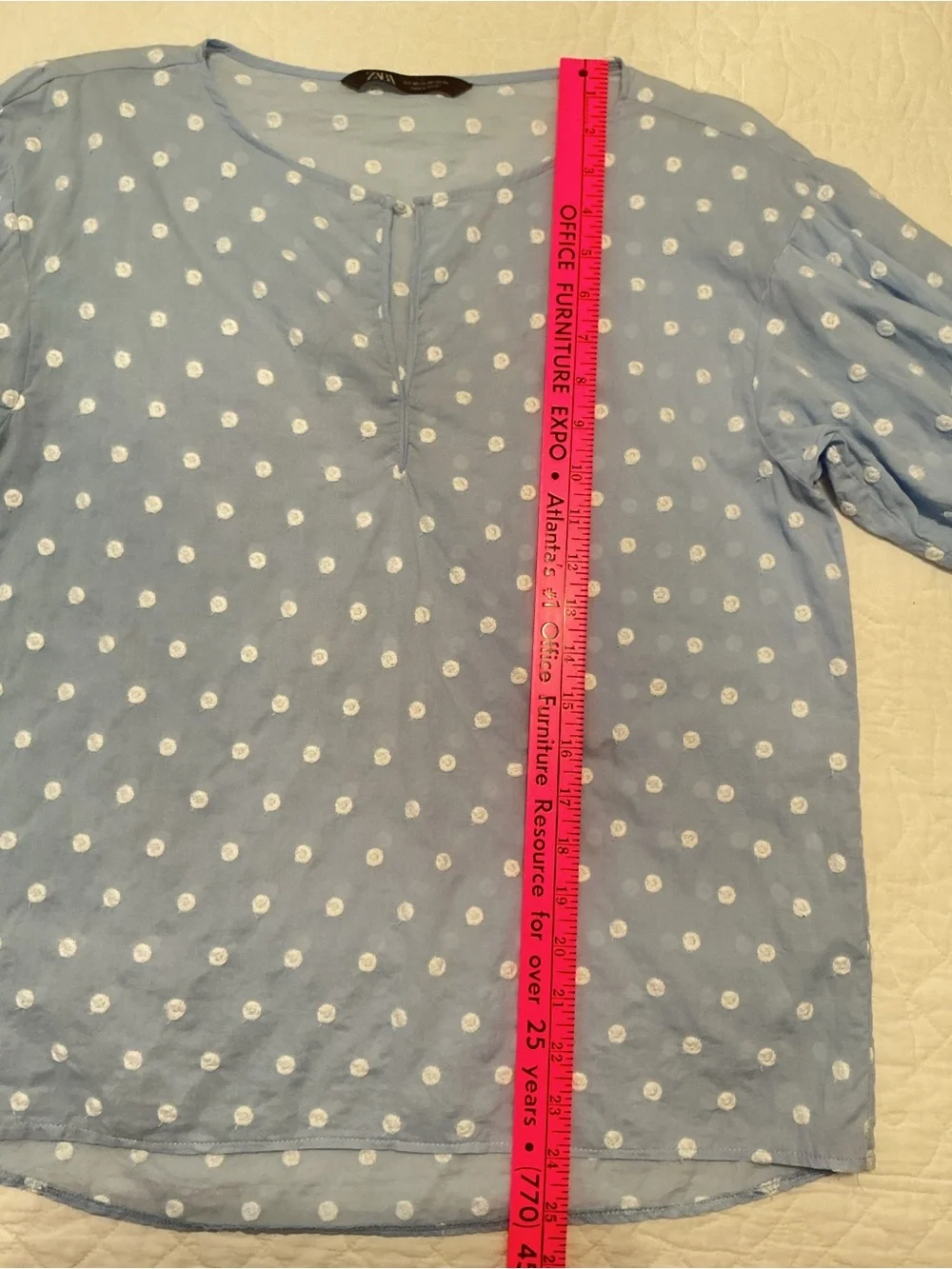 Zara Light Blue Embroidered Polka Dot Puff-Sleeve Top
